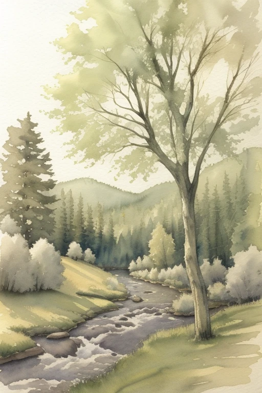 grass, watercolor, traditional media, wide shot, tree, forest, river