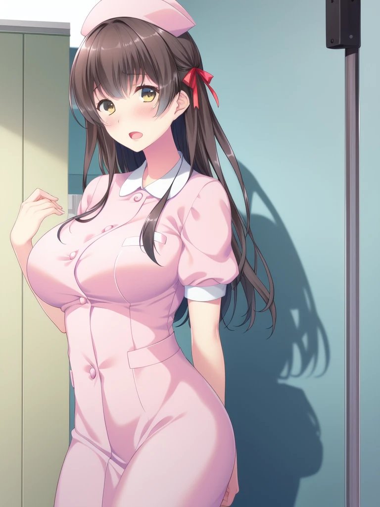 <lora:Uekusa_Hibari:0.8>,UekusaHibari, 1girl, nurse, solo, nurse cap, hat, pantyhose, long hair, brown hair, breasts, blush, white pantyhose, yellow eyes, open mouth, hair ribbon, ribbon, looking at viewer, brown eyes, large breasts, hospital_room,
masterpiece, high quality, very_high_resolution, large_filesize, full color,