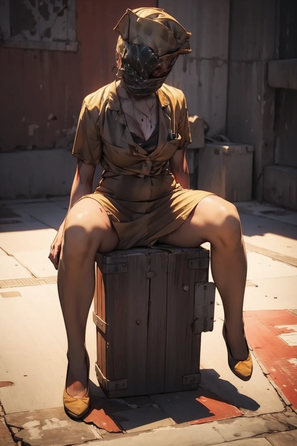 1girl,solo,medium breasts,outdoors,<lora:GoodHands-beta2:1>,(full body:1.3),(spread legs:1.1),<lora:0227 silent hill nurse_v1:1>,ruanyi0227,faceless,no eyes,nurse,nurse cap,(red background:1.2),sitting,on ground,, (masterpiece, best quality, hires, high resolution:1.2), (extremely detailed, realistic, intricate details, highres), 3d, cg,, (cinematic lighting, sunlight, volumetric),
