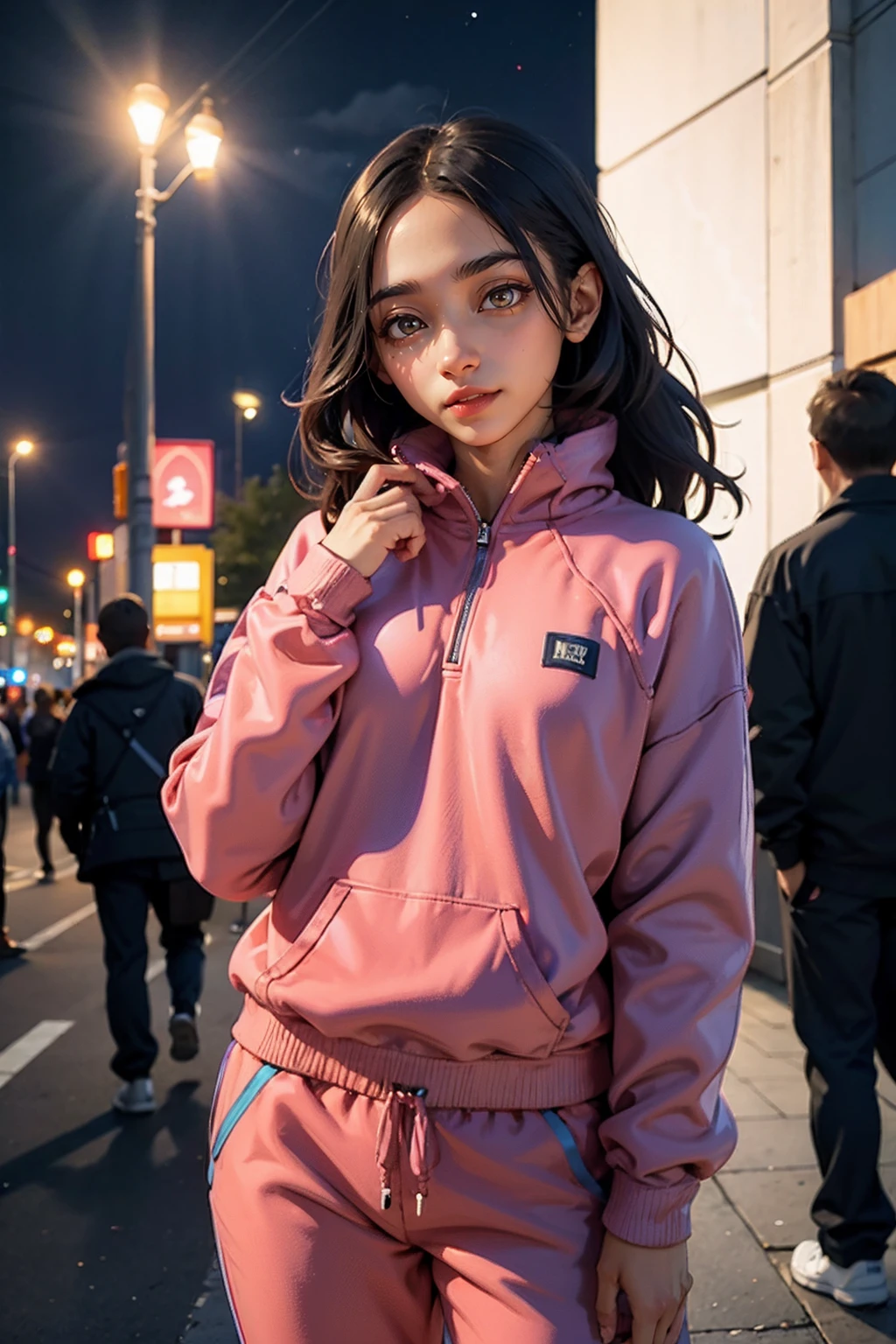 a woman wearing fleece pullover and track pants, city center, (rim lighting:0.5) <lora:fic-abby:0.8>