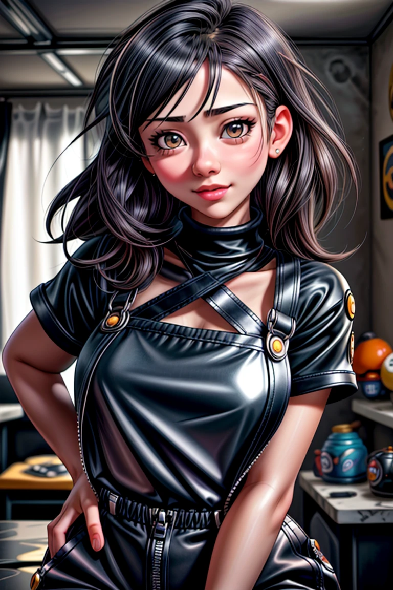 [25-year-old female],[face: round], [eyes: almond eye shape, brown color, thick and curved eyebrow shape], [Nose: Sticky shape, small hole], [Mouth: thick lip shape, Neat teeth], [Chin: Tyre chin shape, Sunken chin], [Hair: Long hairstyle, black color,], [Ears: Small ear shape], [skin: white skin color, Smooth skin texture], [Facial expression: smile], [Activity: Sitting on the sofa in the living room], [Top clothes: T-shirt, all red color, plaid pattern, delicate texture, casual wear style, folded clothing design, well-maintained clothing condition] Professional photograph of a stunning woman detailed, cinematic lightning, octane render, unreal engine, volumetrics dtx