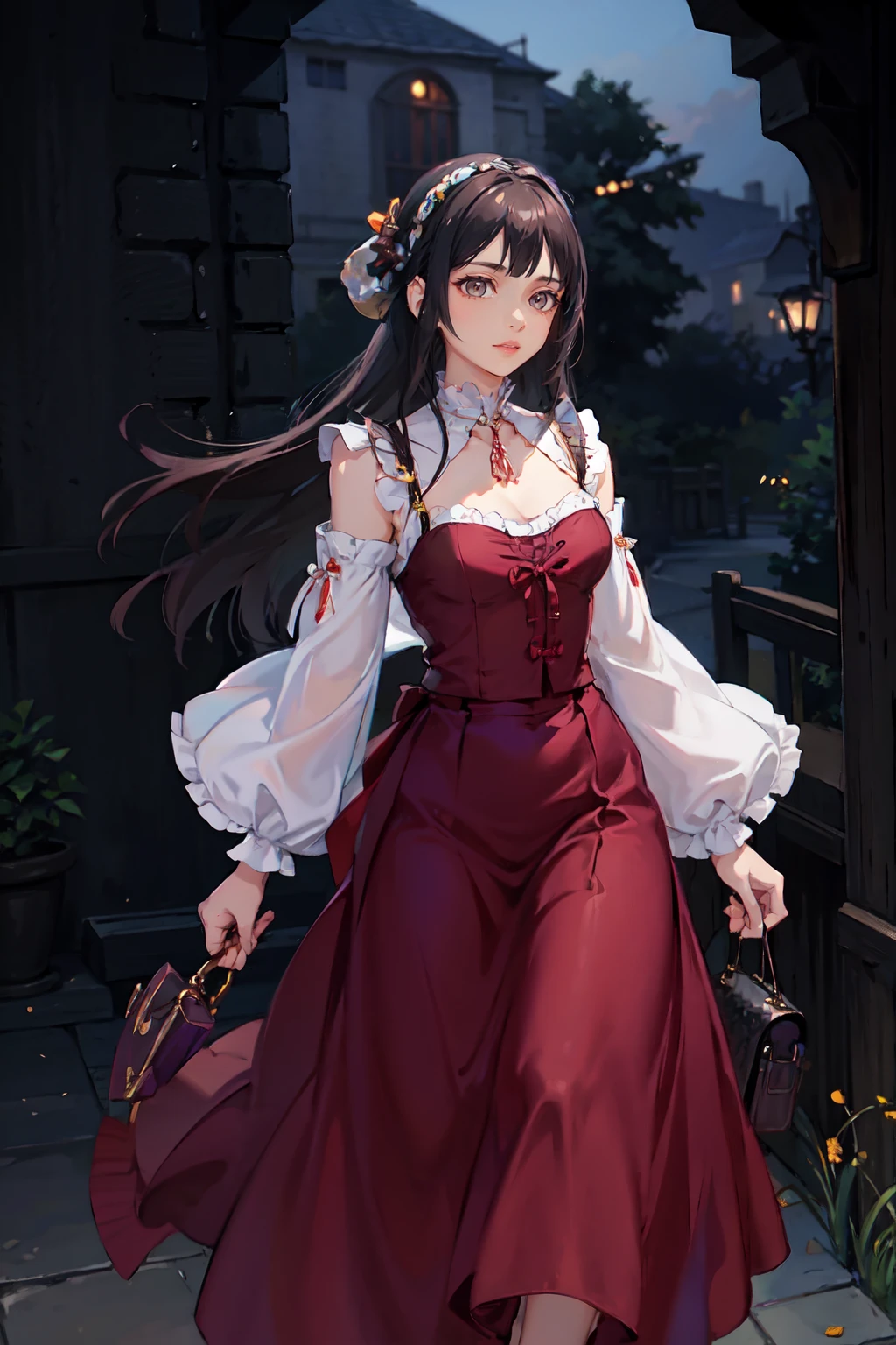 a woman wearing silk blouse and midi skirt, bridge, (chiaroscuro:0.5) <lora:fic-abby:0.8>