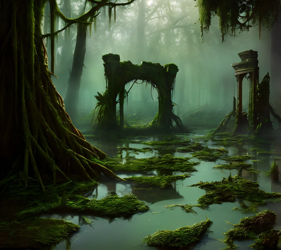 (masterpiece:1.2), (best quality,:1.2), 8k, HDR, ultra detailed, ((photorealistic)), professional light, cinematic lighting, fashion photography, ambient lighting, sinister (large palace ruins) in a dangerous swamp, trees covered with moss, magical lights, <lora:detail_slider_v4:3>, FanSwa, <lora:FantasySwamps-10:1>, ((perfect hands)), epiCPhoto