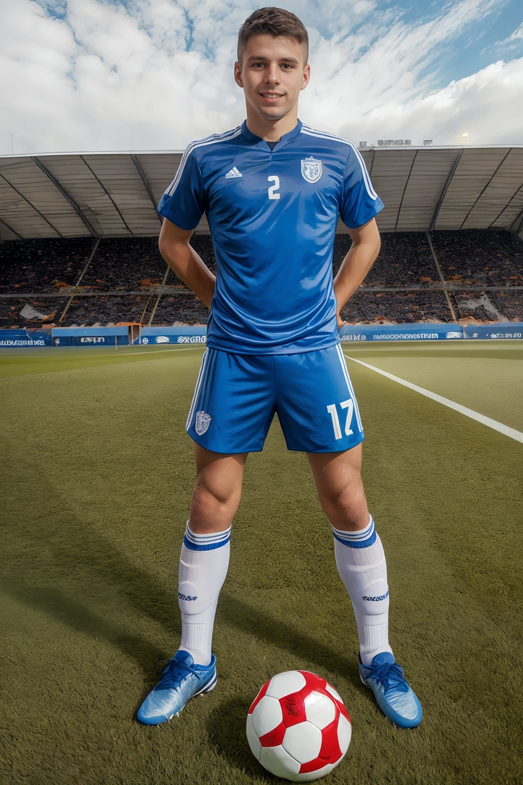 ((on a soccer field)), DmitryOsten is a soccer player, slight smile, wearing blue soccer uniform, white socks, shin guards, sneakers, (((full body portrait))), wide angle <lora:DmitryOsten:0.8>