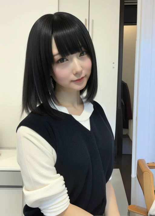 masterpiece,best quality,higher black hair,  <lora:JapaneseJimi:1> 1girl, solo, realistic, looking at viewer,