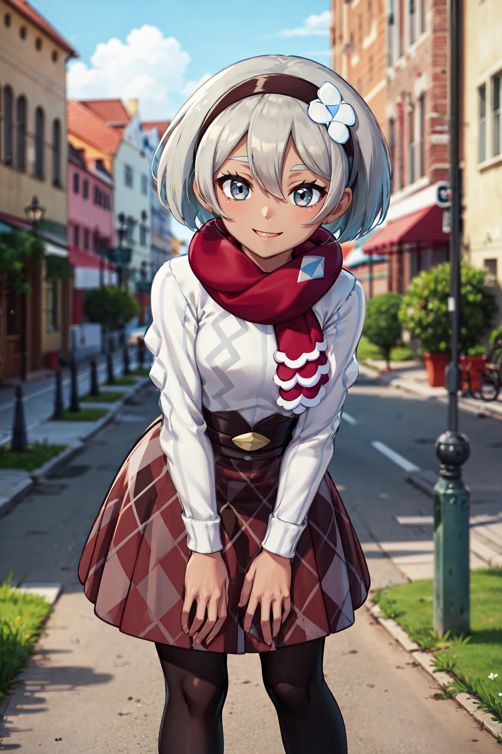 masterpiece,best quality,highres,ultra-detailed,ccbea,dark skin,short hair,hair between eyes,black hairband,white flower,eyelashes,red scarf,white sweater,long sleeves,belt,brown skirt,pantyhose,black pantyhose,boots,brown footwear,<lora:bea_(pokemon):0.7>,outdoors,cowboy shot,smile,standing,leaning_forward,