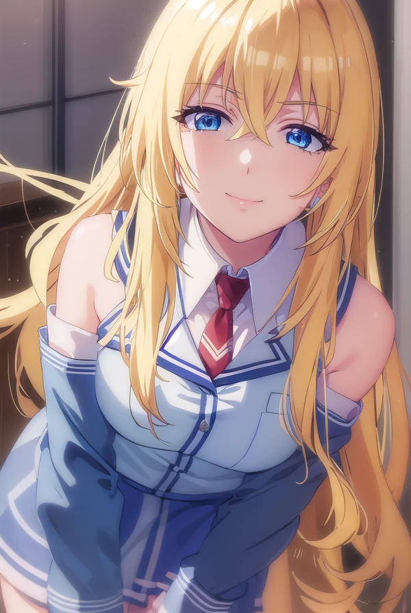 yurishiafarandole, <lora:yurishia farandole s1-lora-nochekaiser:1>,
yurishia farandole, long hair, blue eyes, blonde hair, hair between eyes, smile,
BREAK skirt, bare shoulders, school uniform, detached sleeves, necktie, uniform, (white shirt:1.2),
BREAK indoors, classroom,
BREAK looking at viewer, (cowboy shot:1.5),
BREAK <lyco:GoodHands-beta2:1>, (masterpiece:1.2), best quality, high resolution, unity 8k wallpaper, (illustration:0.8), (beautiful detailed eyes:1.6), extremely detailed face, perfect lighting, extremely detailed CG, (perfect hands, perfect anatomy),