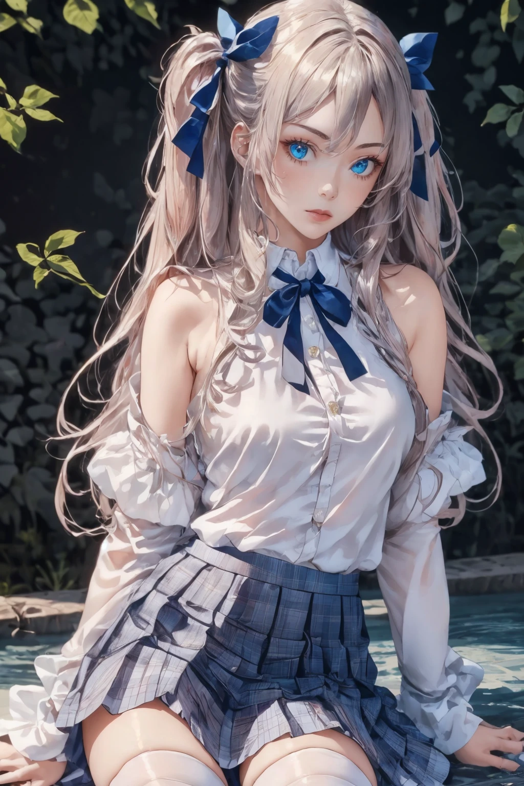 <lora:xishi-09:0.8>,masterpiece,best quality,super high resolution,best quality,4k,(Realistic:1.2),xishi,1girl,thighhighs,skirt,blue eyes,looking at viewer,long hair,white thighhighs,blue skirt,plaid skirt,detached collar,bare shoulders,bangs,ribbon,hair ribbon,detached sleeves,white shirt,shirt,frills,day,hair bow,