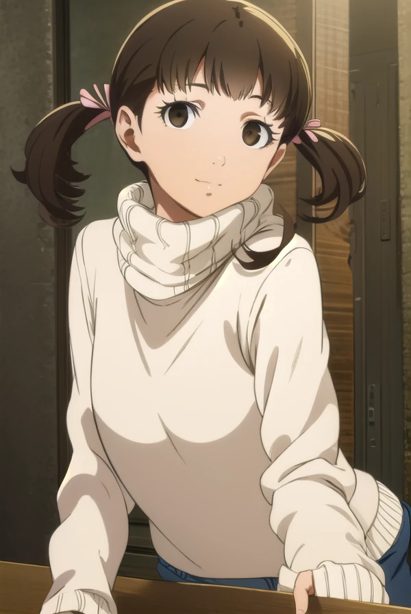 nanakodoujima, <lora:nanako doujima s1-lora-nochekaiser:1>,
nanako doujima, brown hair, twintails, (brown eyes:1.5), short twintails, child, smile,
BREAK dress, turtleneck, long sleeves, sweater,
BREAK indoors,
BREAK looking at viewer, (cowboy shot:1.5),
BREAK <lyco:GoodHands-beta2:1>, (masterpiece:1.2), best quality, high resolution, unity 8k wallpaper, (illustration:0.8), (beautiful detailed eyes:1.6), extremely detailed face, perfect lighting, extremely detailed CG, (perfect hands, perfect anatomy),