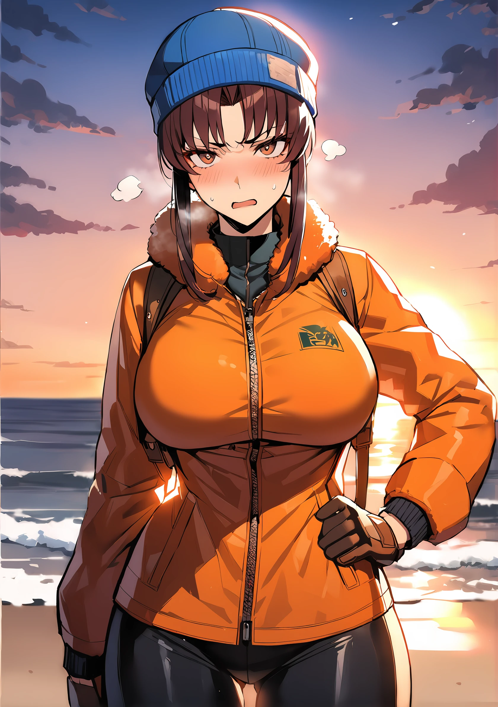 <lora:CSR:0.0>,<lora:Revy11:0.6>,Revy, 1girl,revy \(black lagoon\),black pants, orange winter coat, blue winter hat, long sleeves, winter gloves, mittens, beach, sunset, , cowboy shot, looking at viewer, standing, large breasts, worried expression, sunset, brown hair, masterpiece, best quality,, brown eyes, hand on hip,covered chest,