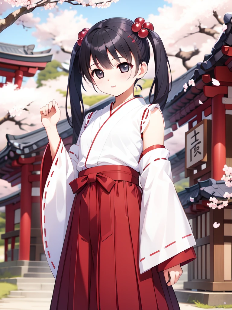 <lora:Tsutsumi_Kinuka:0.8>, TsutsumiKinuka, 1girl, solo, hair ornament, hair bobbles,long hair, bangs, twintails, black hair, black eyes, hair ornament,
japanese white clothes, miko, red hakama, shrine, cherry blossom,
masterpiece, high quality, very_high_resolution, large_filesize, full color,