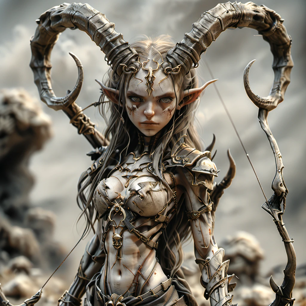 a female <lora:RPGLeraie:0.7> leraie  ready for battle in the middle of the steppes, 1girl, solo, bikini top, upper body, horns, armor, blurry, grey skin, (red eyes), spine, bones, no humans, bow (weapon), ((looking at viewer)), realistic:1.1, depth of field, atmospheric effects, dangerous battlefield