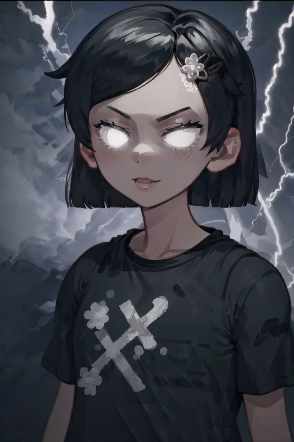 Zenko, 1girl, black hair, hair ornament, hairclip, black eyes, short hair, black shirt, upper body <lora:Zenko_OPM:1> <lora:LowTierMeme:1>, IncrsLowTier, electricity, glowing eyes,