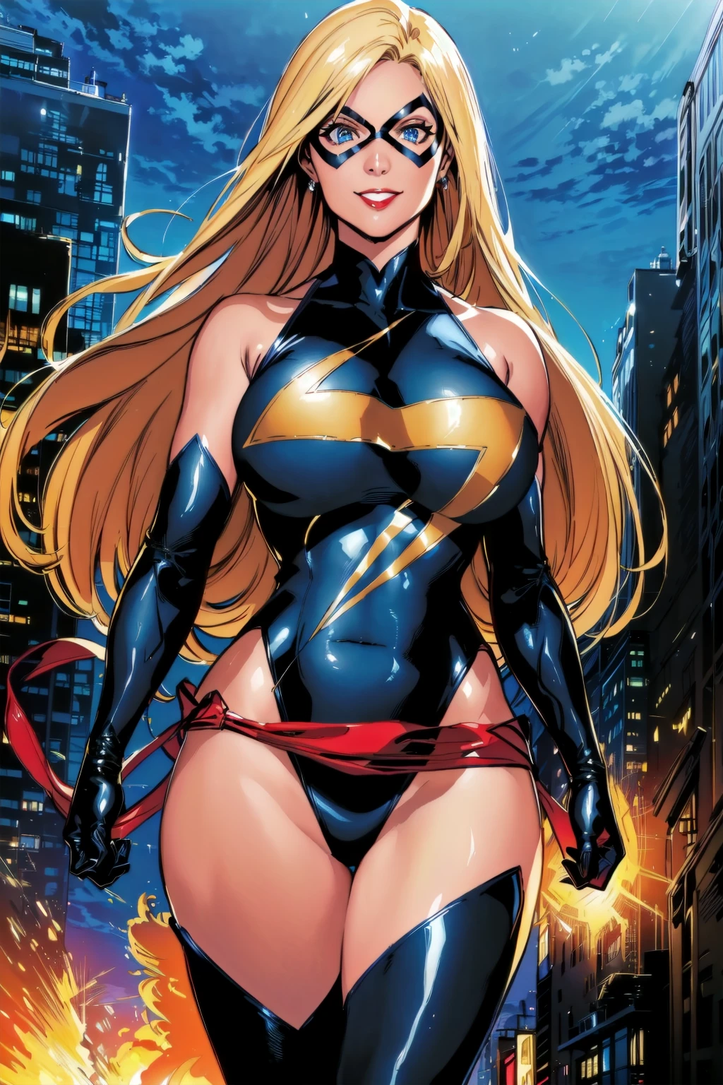 ((masterpiece)), ((best quality)), (ultra-detailed), absurdres, extremely detailed CG unity 8k wallpaper, Official Art, Accurate describe shapes, beautiful face, detailed hands, expressive eyes, upper body, looking at viewer, solo, close-up, (blue sky, dramatic lighting:1.1), (flying, superhero, bright smile:1.2), (1girl, mature female, older, milf, motherly, large breasts, wide hips, narrow waist, blonde hair, long hair, blue eyes:1.4), (MsMarvel, Black leotard, black thighhighs, Red Belt, eye mask, bare shoulders, elbow gloves, black gloves:1.3), , ((masterpiece)), absurdres, HDR <lora:MsMarvelSD15>