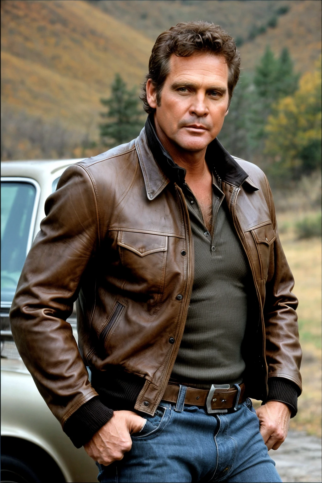 l11majors, man, short curly hair, leather jacket,rugged, 40 years old, unshaven, cap, cinematic,
<lora:LeeMajors-l11majorsSD_v1a-000007:0.8>