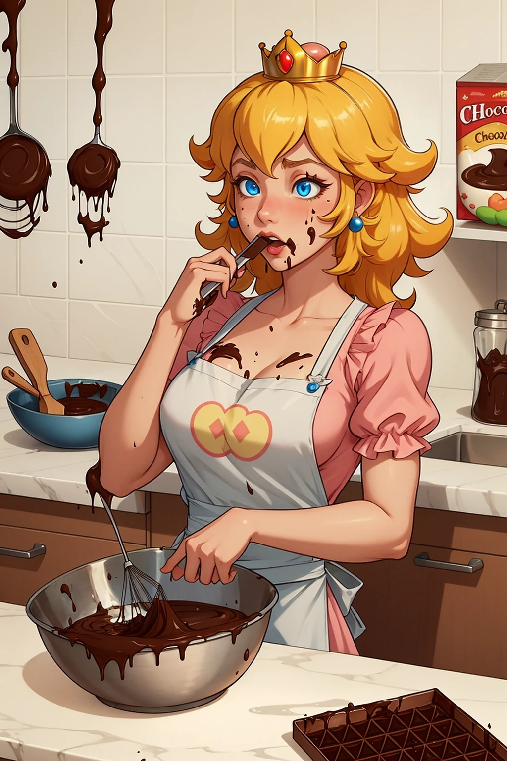 High Quality, Masterpiece, 1girl, IncrsChocoMaker, <lora:ChocolateMaking:1>, whisk, apron, food on face, kitchen, chocolate on body, princess peach, panicking, blue eyes,