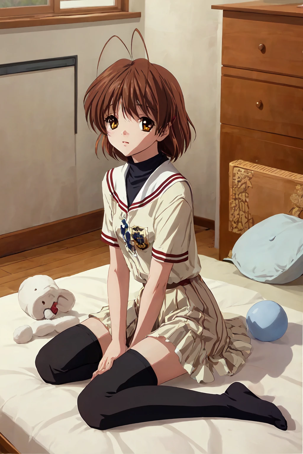 (masterpiece, best quality, highres:1.1), (detailed background), indoors, bedroom,
1girl, ( furukawa nagisa:1.1), solo, wariza, short hair,
looking at viewer, black thighhighs, <lora:nagisa-000020:0.8>