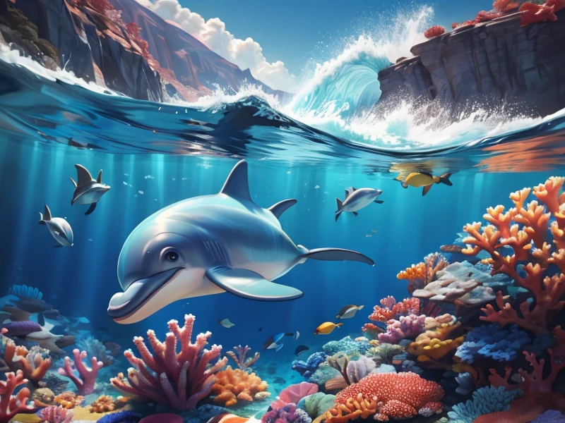 (Style: Disney, pixar Style, 3d, trending on artstation, ((high quality:1.2, masterpiece:1.2)), (8k resolution), high details, incredibly absurdres, color connection, colorized, colorful, extreme close-up),
(macro photo of a (dolphin), in a coral reef),