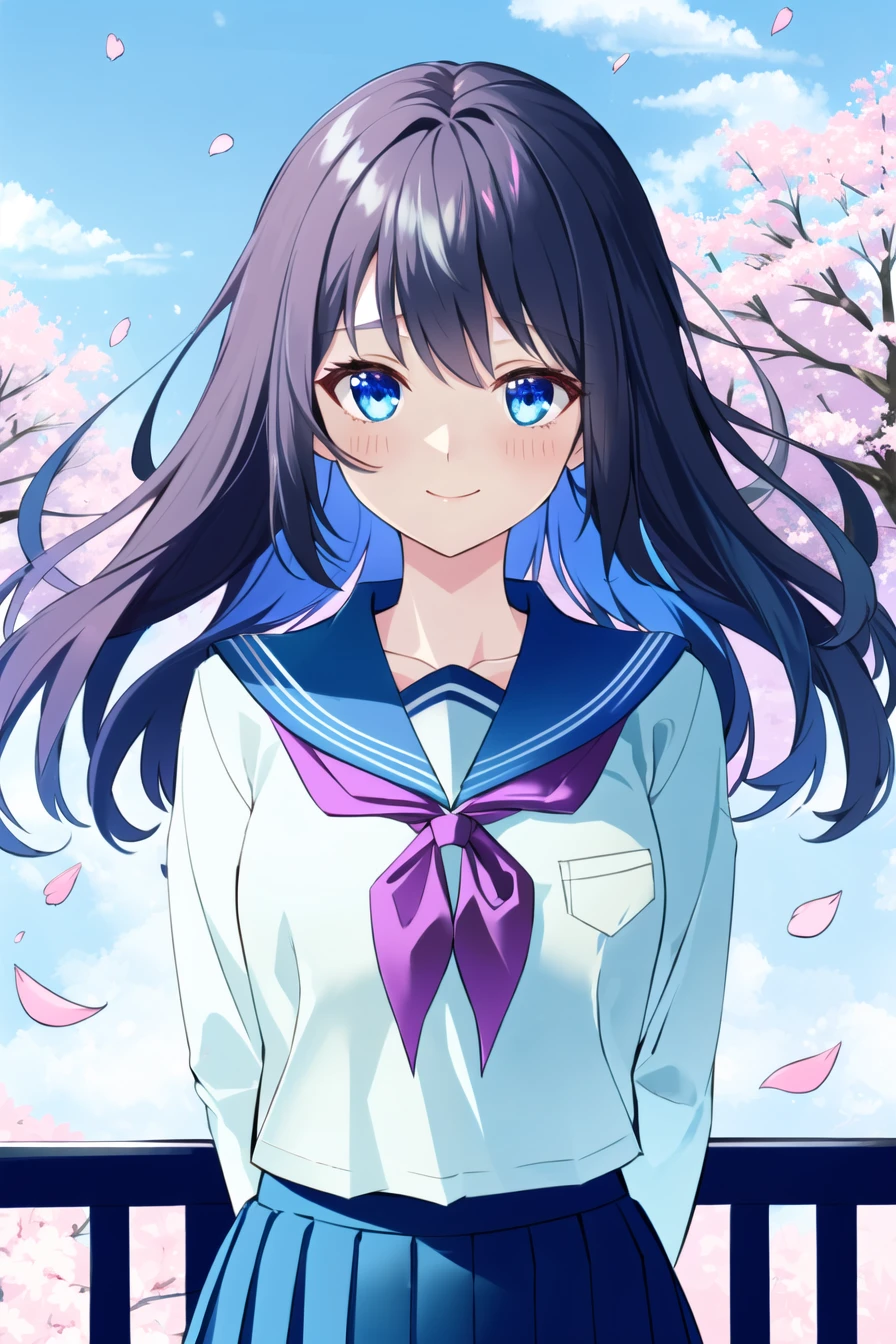 (upper_body:1.5), close-up, cherry_blossoms, outdoors, day, spring_\(season\), 1girl, smile, solo, bangs, blue_eyes, blush, closed_mouth, looking_at_viewer, long_hair, brown_hair, branch, eyebrows_visible_through_hair, floating_hair,hair_between_eyes, blue_sailor_collar, serafuku, long_sleeves, neckerchief, pleated skirt, pink_flower, petals, tree, white_shirt, wind, railing, sky <lora:style_yusanoT0:0.8>