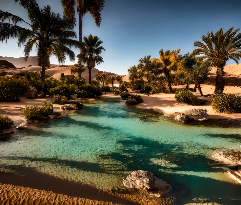 (masterpiece:1.2), (best quality,:1.2), 8k, HDR, ultra detailed, ((photorealistic)), professional light, cinematic lighting, fashion photography, ambient lighting, atmospheric effects, <lora:detail_slider_v4:3>, an oasis with a small river in a sandy desert, FanDe, <lora:FantasyDesert-10:1>, epiCPhoto