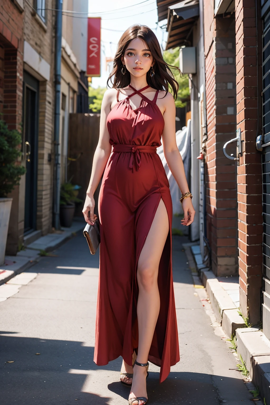 a woman wearing maxi dress, urban alleyway, (edge lighting:0.5) <lora:fic-gavincha:0.9>