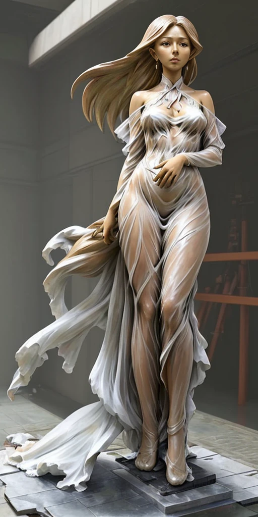 beautiful woman looking into the distance, slight smile, strong face, wind blowing dress, wet dress, see-through dress, luolirong, statue, statue by luo li rong, focused face, <lora:luolirong:1>