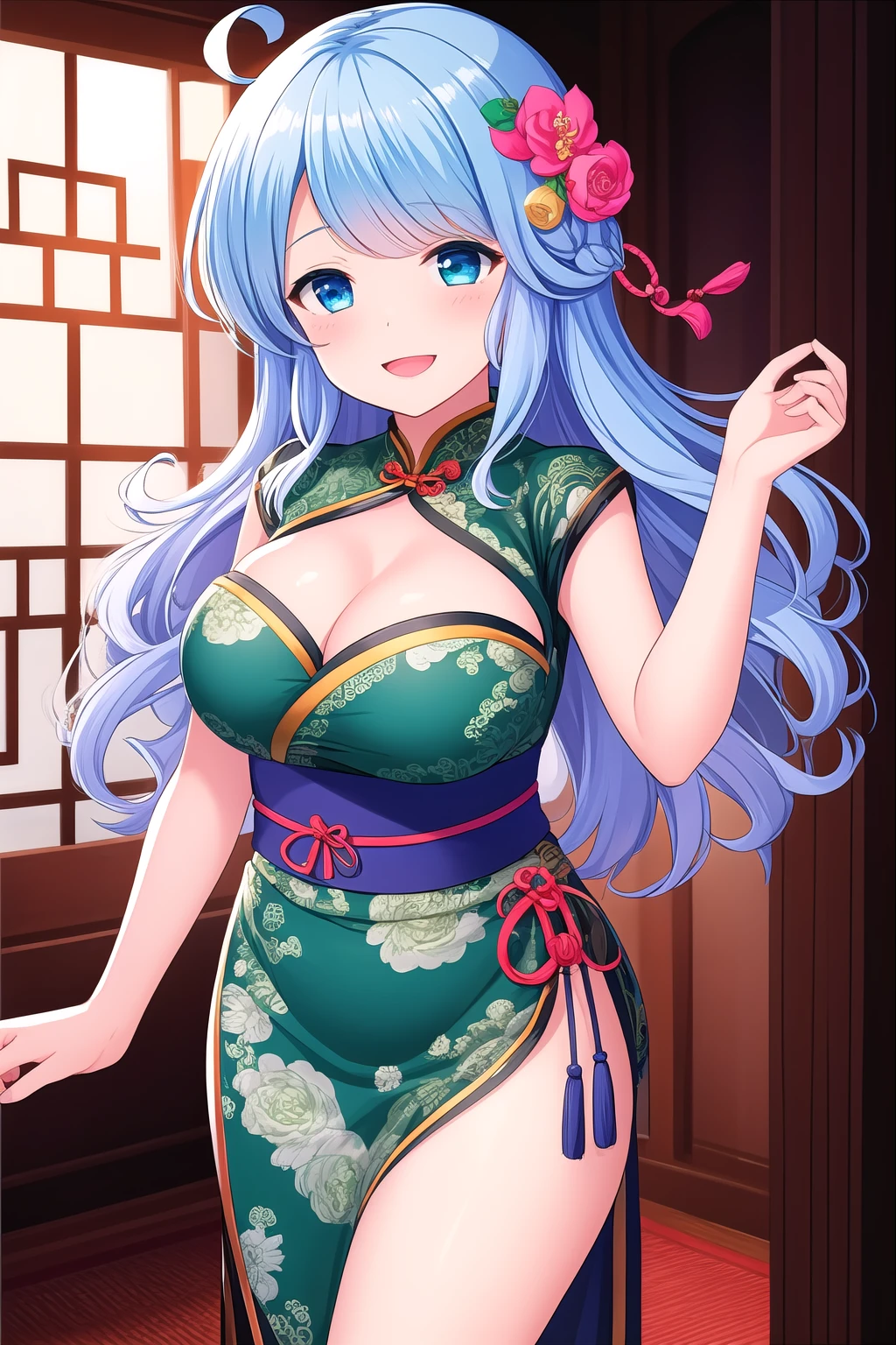 (masterpiece, best quality), highly detailed background, perfect lightingbest quality, narumishirabe, solo, indoors, light blue hair, ahoge, hair flower, hair ornament, bangs, wavy hair, long hair, blue eyes, breasts, green dress, china dress, cleavage, floral print, sash, chinese clothes, smile, open mouth, :d, pink lips, <lora:Narumi-Shirabe:0.7>