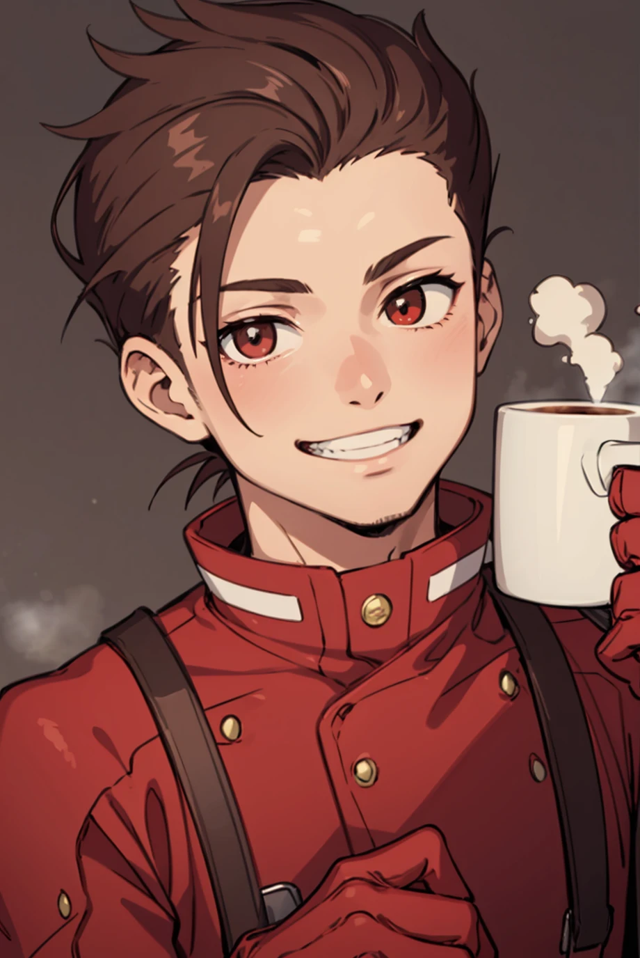 (masterpiece, best quality:1.2), 1boy, portrait, looking at viewer, grin, holding, coffee mug, steam, handing to viewer, <lora:LloydToS:0.8> lloydToS, red shirt, red gloves, suspenders, simple background