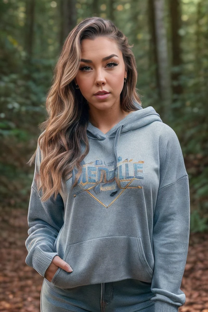 portrait of S318_Haliene,a gorgeous woman,in a (forest:1.1),wearing a (sweater-hoodie:1.1),(4k, RAW photo, best quality, depth of field, ultra high res:1.1),(absurdres, intricate, photorealistic, masterpiece, ultra-detailed:1.1),