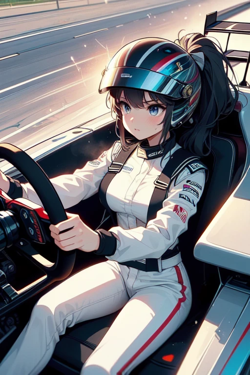 (masterpiece, best quality), 1girl,    <lora:girllikeformularacing:0.8> driving a formula racing, fingers on steering wheel, sitting on driver's seat, sharp eyes, helmet, uniform, speed lines, electricity, spiral wind