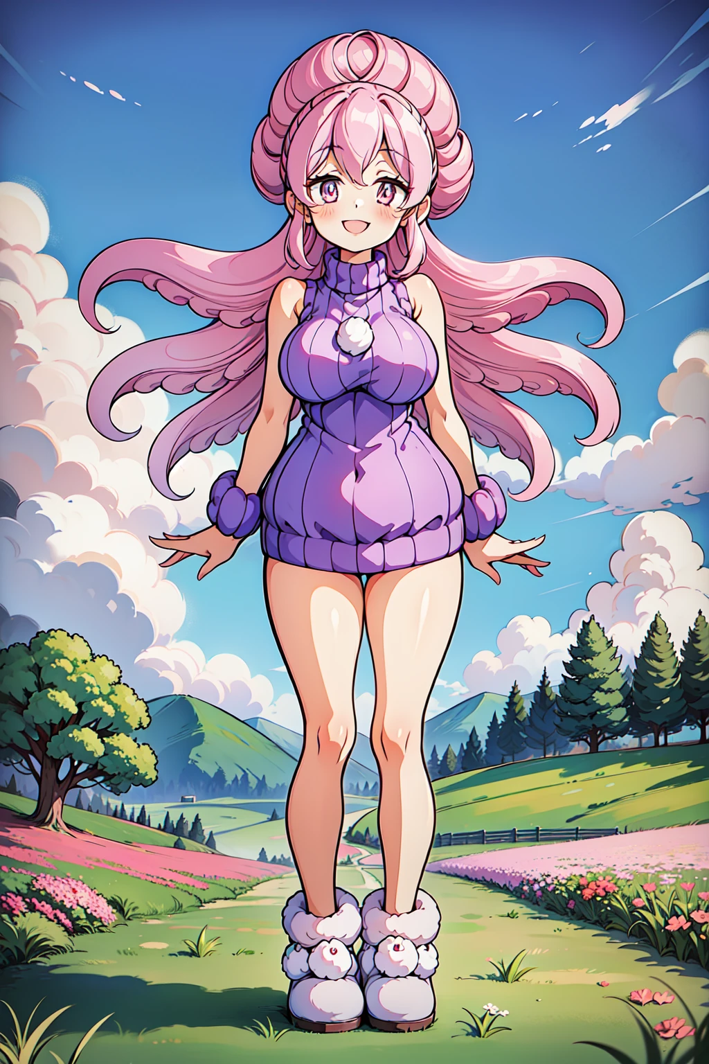 1girl, full body, field, smile,
mochiko, pink eyes, pink hair, long hair, ribbed sweater, sleeveless, pom pom (clothes), <lora:mochiko_lora_ver2:0.7>, best quality, masterpiece, highres, <lora:GoodHands-vanilla:1>
