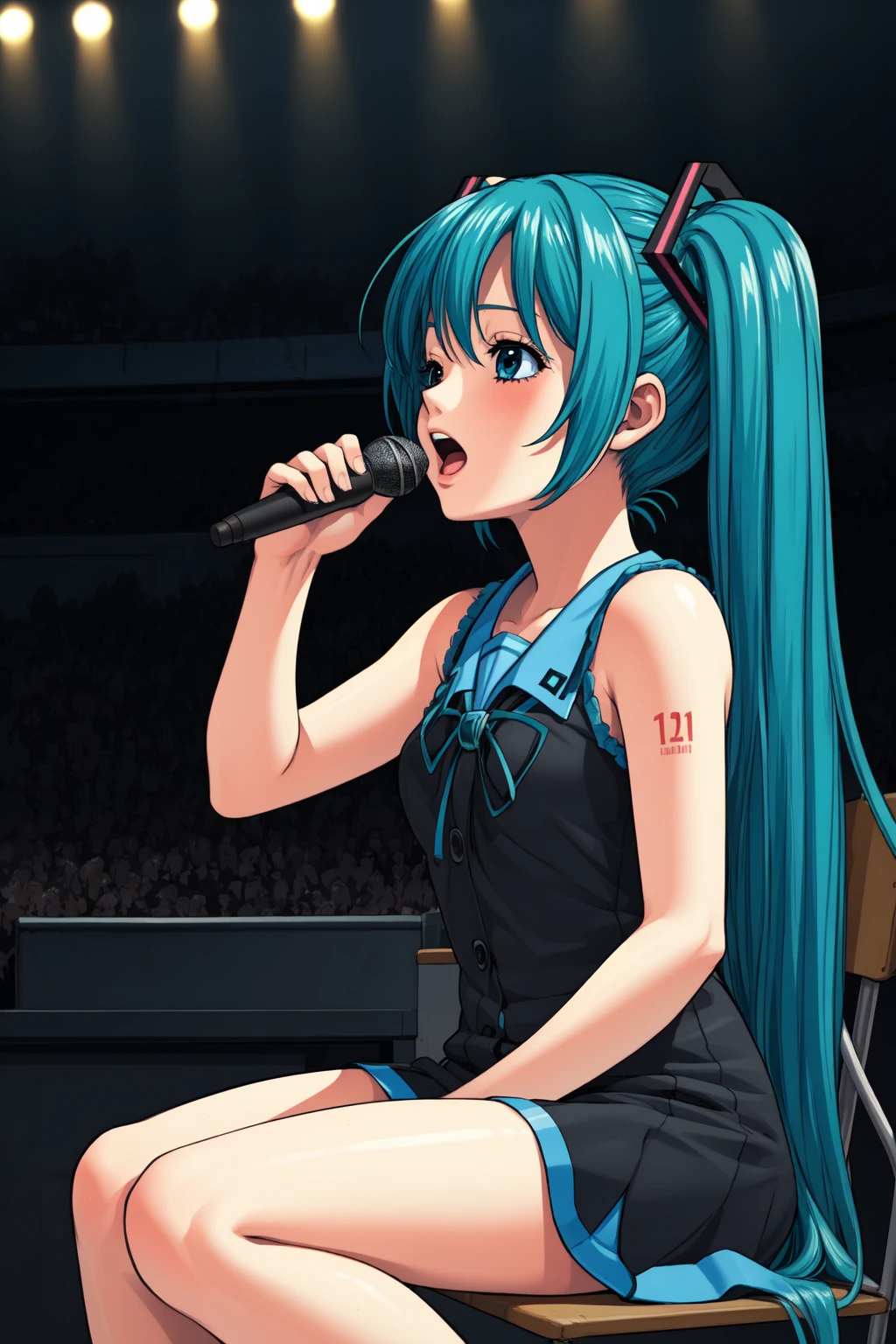 masterpiece, best quality, 1girl, <lora:Nobutoshi_Style_2003_v6-000050:1>, hatsune miku, concert, singing, audience,
