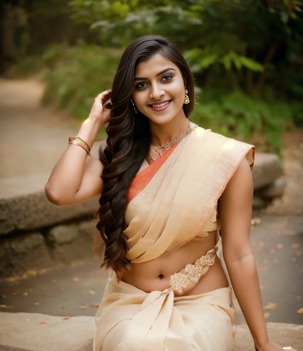 beautiful 30yo woman wearing saree <lora:OnlySaree_V2:1> <lora:ReaLora:0.5> beautiful background, long braided hair, very long hair, sunrise, sitting on streetside, skinny, perfect body, heavy jewelry, smiling , <lora:emotion_happy_slider_v1:0.8> (flower in hair)