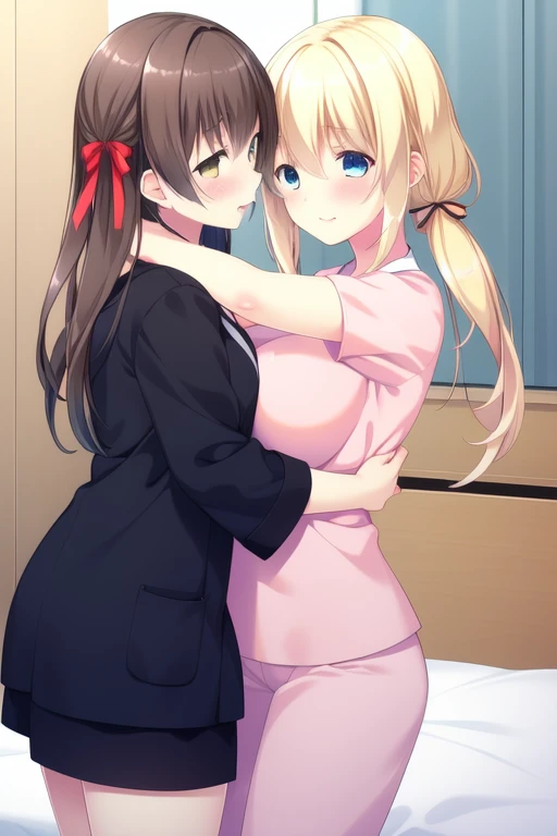 <lora:Uekusa_Hibari:0.8>, UekusaHibari, 2girl, brown hair, long hair, hair ribbon, yellow eyes, large breasts, break, hug,
UekusaHibari, blonde hair, blue eyes, twintails, large breasts, bangs, long hair, hair between eyes, hospital_in_the_room, bed,
yuri,
masterpiece, high quality, very_high_resolution, large_filesize, full color,