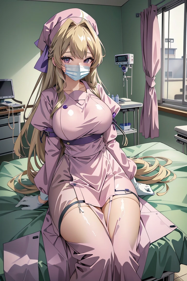 ((masterpiece, best quality,lower_body)), operating table,medical monitors,hospital bed,  <lora:Hitomi Naruse v1:0.8> (hitomi naruse, 1girl, very long hair, large breasts, blonde hair, purple eyes, hair ribbon, antenna hair), <lora:surgical_v3:0.8> (surgical_uniform_3.0, surgical mask, gloves,surgical cap,long sleeves),