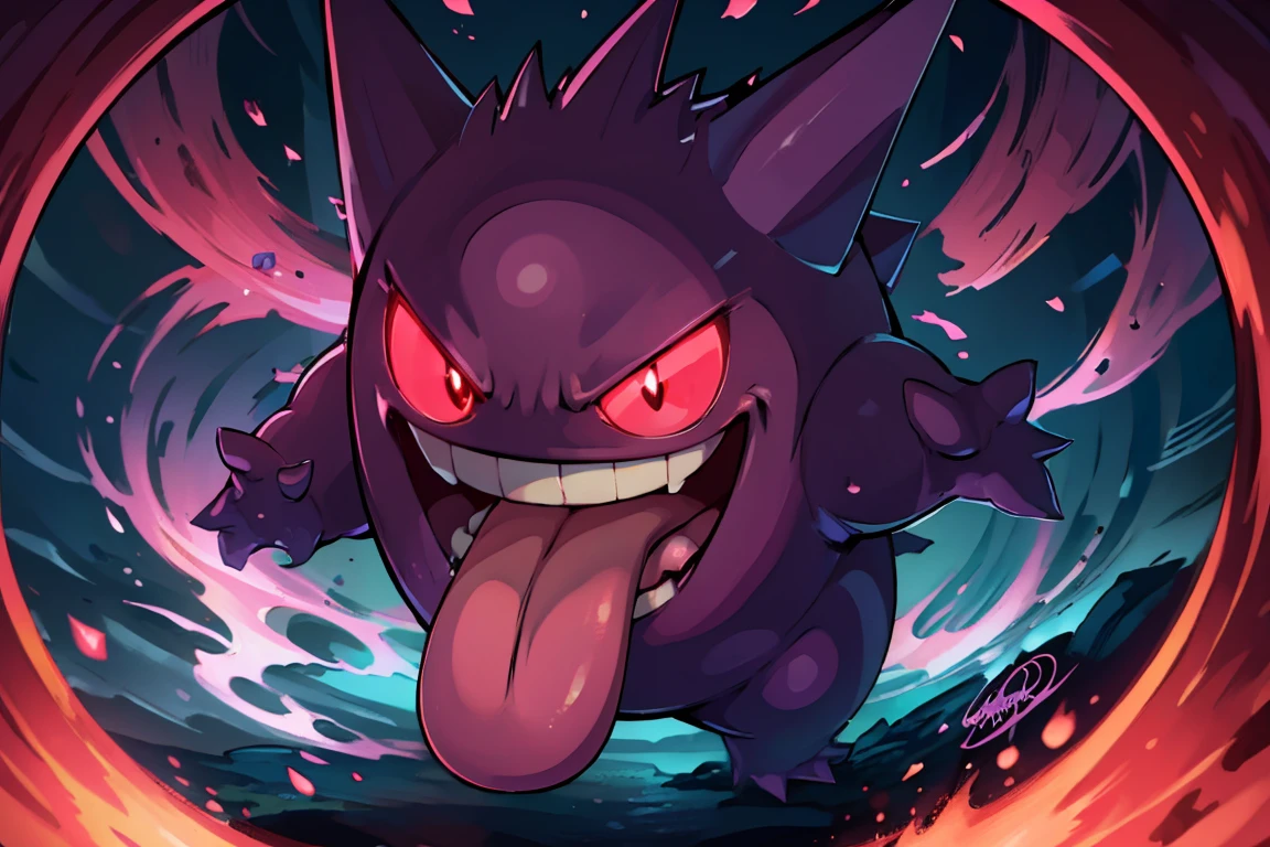 ((masterpiece,best quality)), absurdres, <lora:Gengar_v4:0.8>, gengar, no humans, gengar, :d, blurry, creatures (company), game freak, gen 1 pokemon, glowing, glowing eyes, kaosu (kaosu0905), nintendo, no humans, open mouth, pink eyes, pokemon, pokemon (creature), signature, smile, solo, teeth, tongue, tongue out