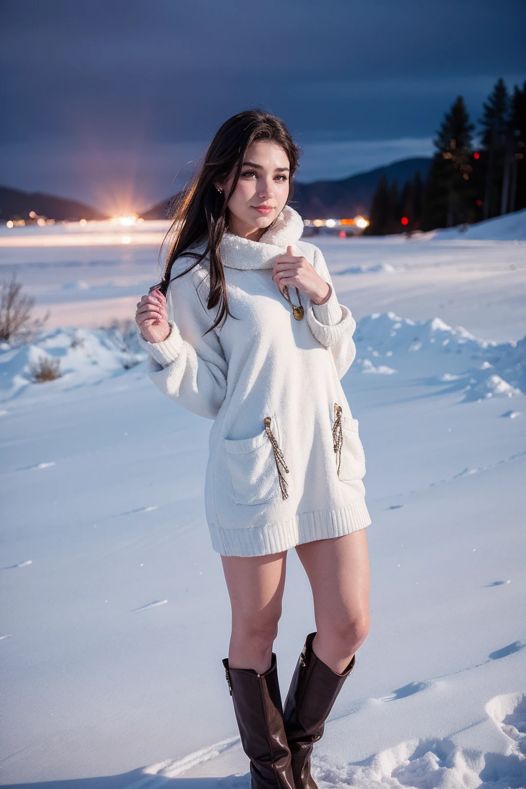 a woman wearing shift dress, snowy landscape, (flash photography:0.5) <lora:fic-opal:0.9>