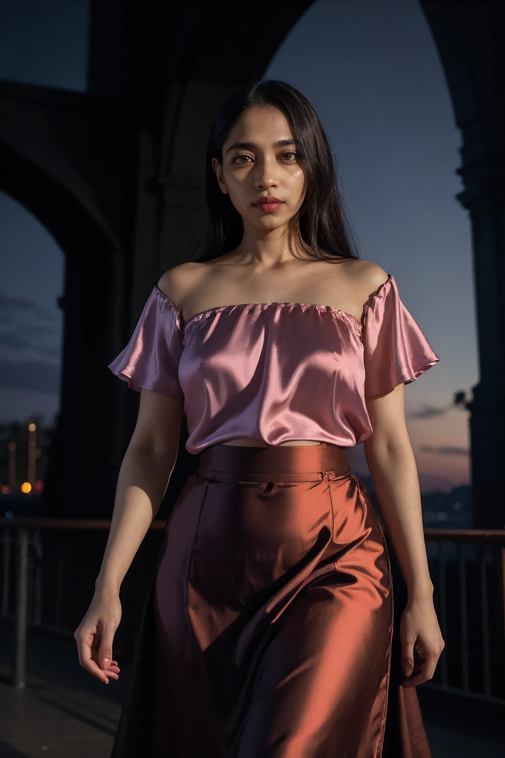 portrait of a slender asian18 year old girl standing alone in a dark gymnasium at senior prom, dark piercing eyes, long blonde hair falling gently around her shoulders, dimples, freckles, wearing a gorgeous off shoulder kimono, cleavage, pensive solemn expression, dof, bokeh, dark lighting,