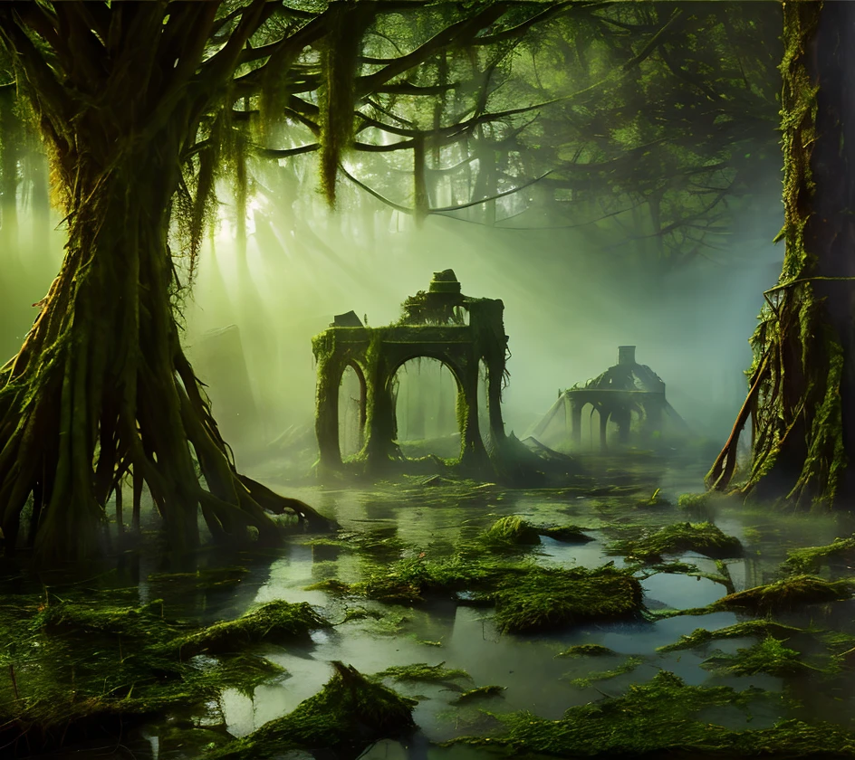 (masterpiece:1.2), (best quality,:1.2), 8k, HDR, ultra detailed, ((photorealistic)), professional light, cinematic lighting, fashion photography, ambient lighting, sinister (large palace ruins) in a dangerous swamp, trees covered with moss, magical lights, <lora:detail_slider_v4:3>, FanSwa, <lora:FantasySwamps-10:1>, ((perfect hands)), epiCPhoto
