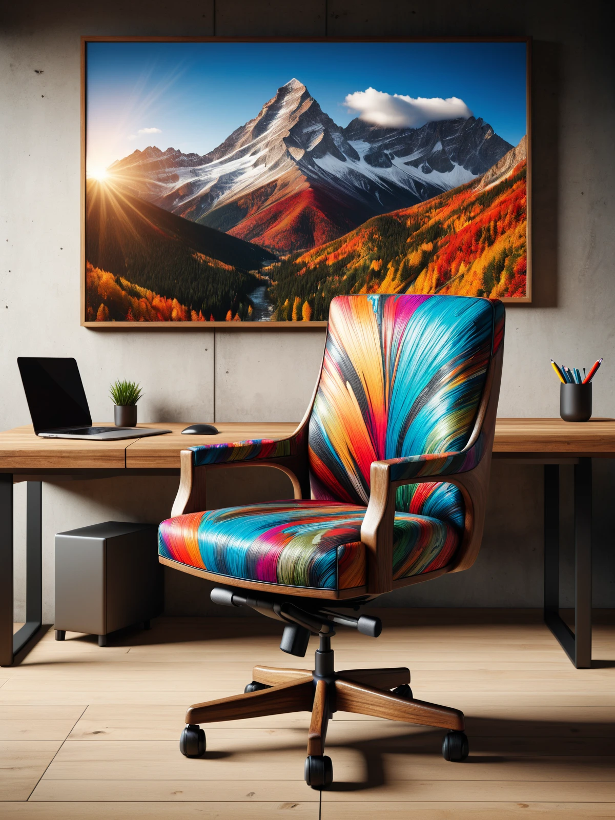 colorful mad-exp office chair and wooden desk in an expensive office, photograph of a mountain on the wall <lora:Colorful_Expressionism_SDXL:0.8>, (masterpiece:1.2), best quality, (hyperdetailed, highest detailed:1.2), high resolution textures