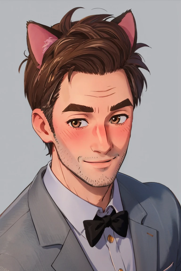 peterbparker, 1boy, solo, male focus, mature male, short hair, brown hair, brown eyes, thick eyebrows, facial hair, stubble, formal, collared shirt, grey suit, looking at viewer, smile, upper body, smile, blush, cat ears, animal ears, simple background <lora:Spider-Man (Peter B. Parker) v1.0 LoRA_SD v1.5_1024_Merge_1:0.8>