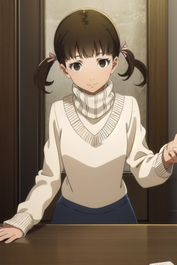 nanakodoujima, <lora:nanako doujima s1-lora-nochekaiser:1>,
nanako doujima, brown hair, twintails, (brown eyes:1.5), short twintails, child, smile,
BREAK dress, turtleneck, long sleeves, sweater,
BREAK indoors,
BREAK looking at viewer, (cowboy shot:1.5),
BREAK <lyco:GoodHands-beta2:1>, (masterpiece:1.2), best quality, high resolution, unity 8k wallpaper, (illustration:0.8), (beautiful detailed eyes:1.6), extremely detailed face, perfect lighting, extremely detailed CG, (perfect hands, perfect anatomy),