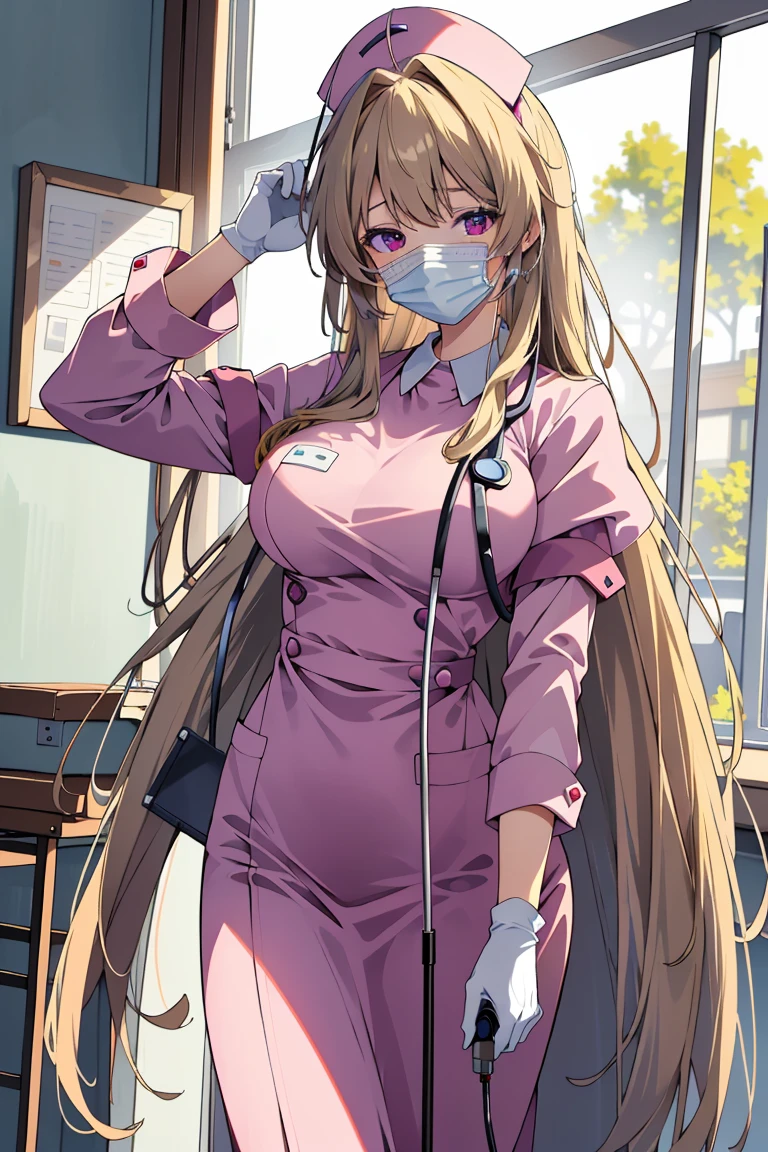 ((masterpiece, best quality,lower_body)), operating table,medical monitors,hospital bed,  <lora:Hitomi Naruse v1:0.8> (hitomi naruse, 1girl, very long hair, large breasts, blonde hair, purple eyes, hair ribbon, antenna hair), <lora:0- CL - Long nurse uniform (mg):0.7> (longnurset2, gloves, mask, nurse cap, nurse, surgical mask, long sleeves, stethoscope),