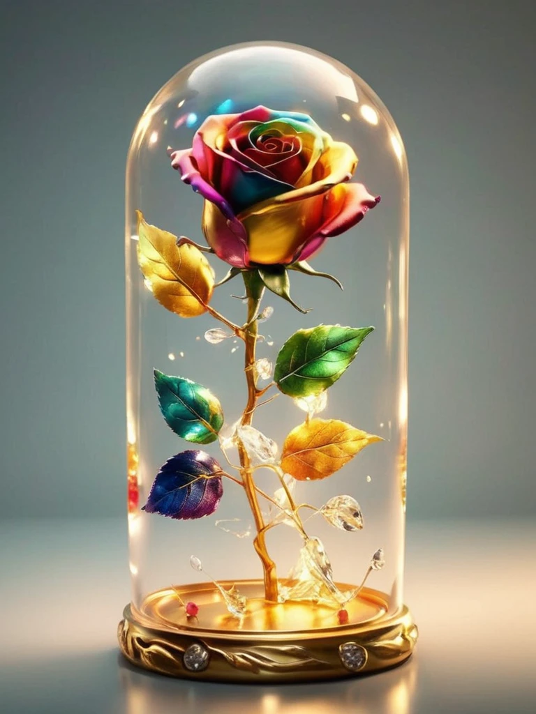 an image of, close-up,  flowers MD_Jewelry,CN_SP style,the gem and Diamond colorful rose in the bottle,  gem leaves, golden ,dymanic simple background, faint light, front view ,film <lora:0210_rose-checkpoint-6000:0.7>  <lora:20240205_spring_dragon_checkpoint-4000:0.5>