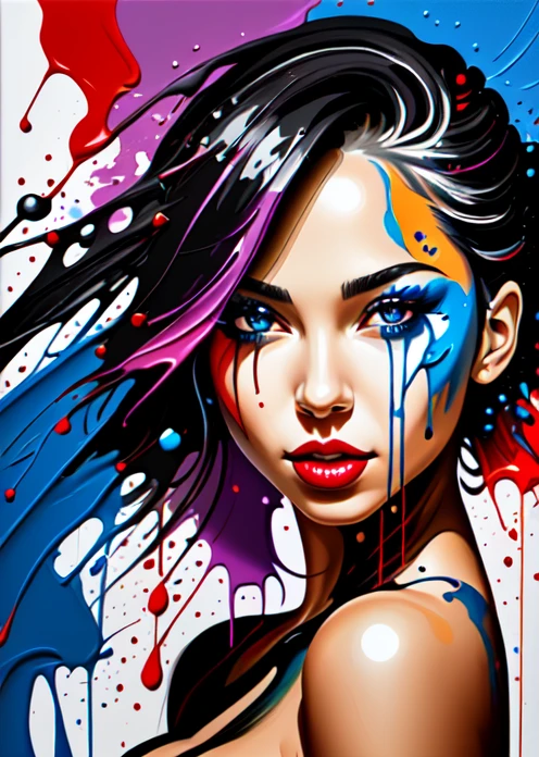 a woman, seductive look, look into the camera, medium shot, colorful, <lora:MS_Acrylic_Art:0.8>,paint drops, paint splash, painting,