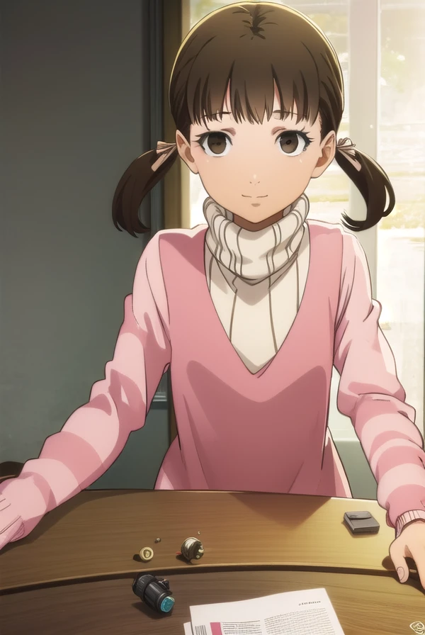 nanakodoujima, <lora:nanako doujima s1-lora-nochekaiser:1>,
nanako doujima, brown hair, twintails, (brown eyes:1.5), short twintails, child, smile,
BREAK dress, turtleneck, long sleeves, sweater,
BREAK indoors,
BREAK looking at viewer, (cowboy shot:1.5),
BREAK <lyco:GoodHands-beta2:1>, (masterpiece:1.2), best quality, high resolution, unity 8k wallpaper, (illustration:0.8), (beautiful detailed eyes:1.6), extremely detailed face, perfect lighting, extremely detailed CG, (perfect hands, perfect anatomy),