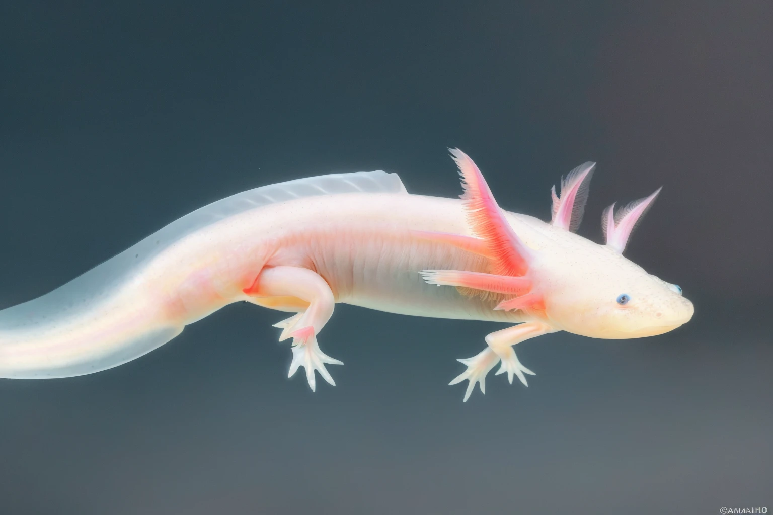 a white and pink Axolotl floating in water, underwater photography, side view, black background, masterpiece, extremely detailed, 4k, hdr, Canon 5D, four legs,
<lora:btpiaxo:0.8>