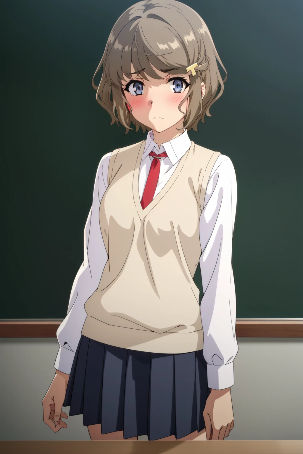 <lora:anime_screencap_v2:0.3> tall body, tall, long legs, mature female, mature, adult, <lora:GoodHands-beta2:1.4>, simple background, indoors
 <lora:eft_bunny_ex:0.8> Eft_bunny_ex, 1girl, solo, short hair, necktie, hair ornament, blue eyes, school uniform, looking at viewer, shirt, red necktie, brown hair, white shirt, upper body, closed mouth, bangs, blush, collared shirt, indoors, light brown hair, sweater vest, frown, portrait, grey eyes, vest, wavy hair, hairclip, chalkboard, x hair ornament, black skirt