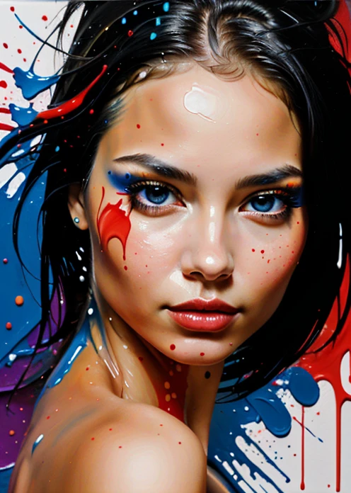 Painting of a woman with blue eyes and colorful face, Acrylic Paint on Canvas, Portrait of woman made of paint, pop art painting, acrylic on canvas, inspired by Károly Lotz, abstract portrait, Portrait made of paint, Latina Adult model Daisy Marie, colorful portrait, painted in bright watercolors, brunette woman, A pop art painting, painted in acrylic