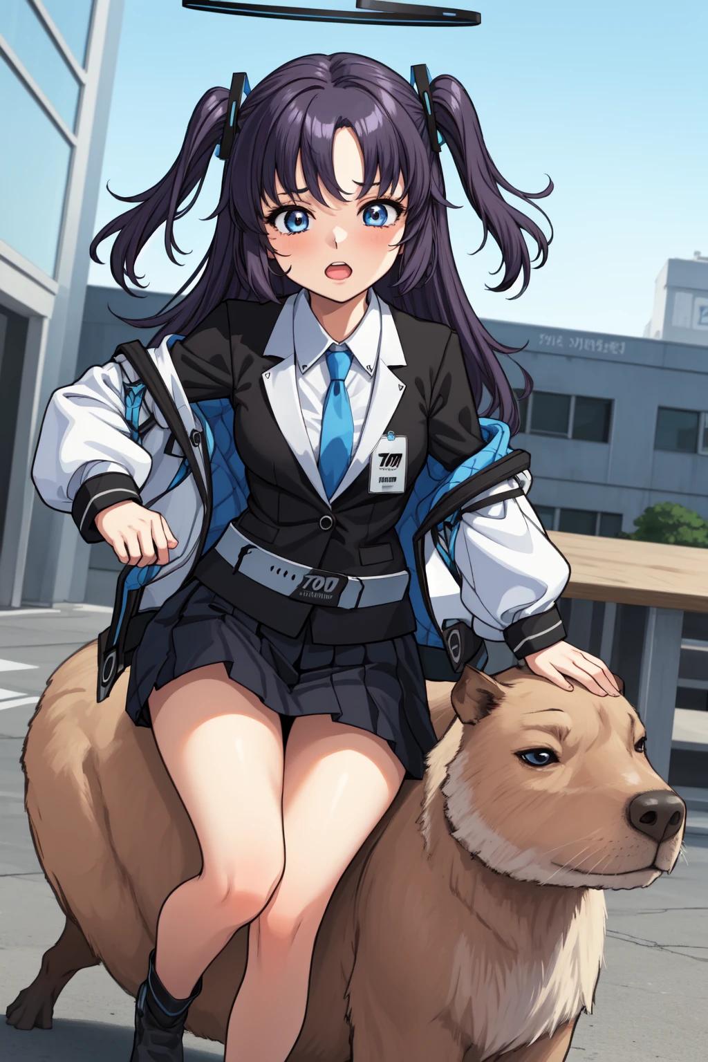 masterpiece, best quality, 1girl, <lora:Nobutoshi_Style_2003_v6-000050:0.55>, <lora:yuuka_(blue_archive):1>, aayuuka,halo,blue eyes,purple hair,long hair,two side up,bangs,(white jacket:1.2),blue necktie,black jacket,collared shirt,id card,black gloves,belt, (black skirt:1.5), black socks,shoes,black footwear, riding a capybara, <lora:capi:1:lbw=MIDD>, (white belt:1.5), (black skirt:1.5)
